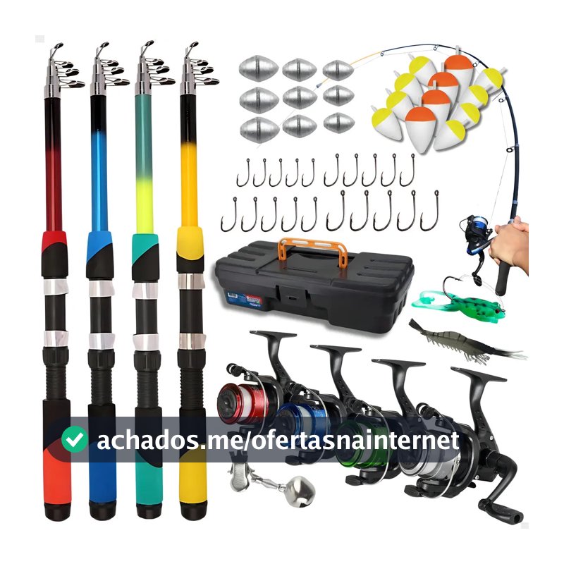Kit De Pesca Completo Pescamping com 4 Varas Telescópicas, Molinetes e Acessórios