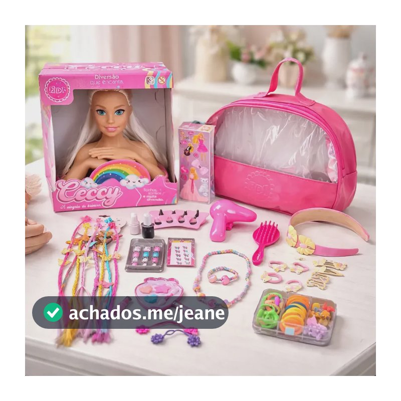 Boneca Busto Fala Frases Kit Bolsa Maquiagem Beleza Adesivo