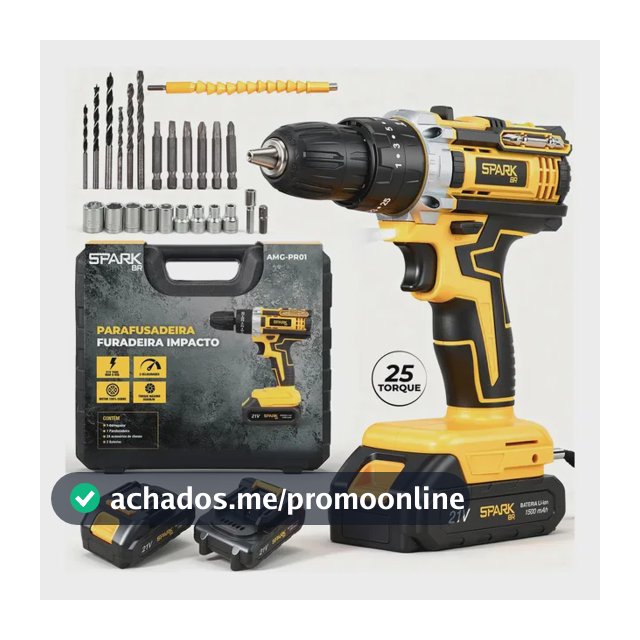 Parafusadeira Furadeira Sparkbr 2 Baterias 21v + Maleta Com Acessórios Kit Completo Led Eixo Flexível 2 Níveis Velocidade Torque
