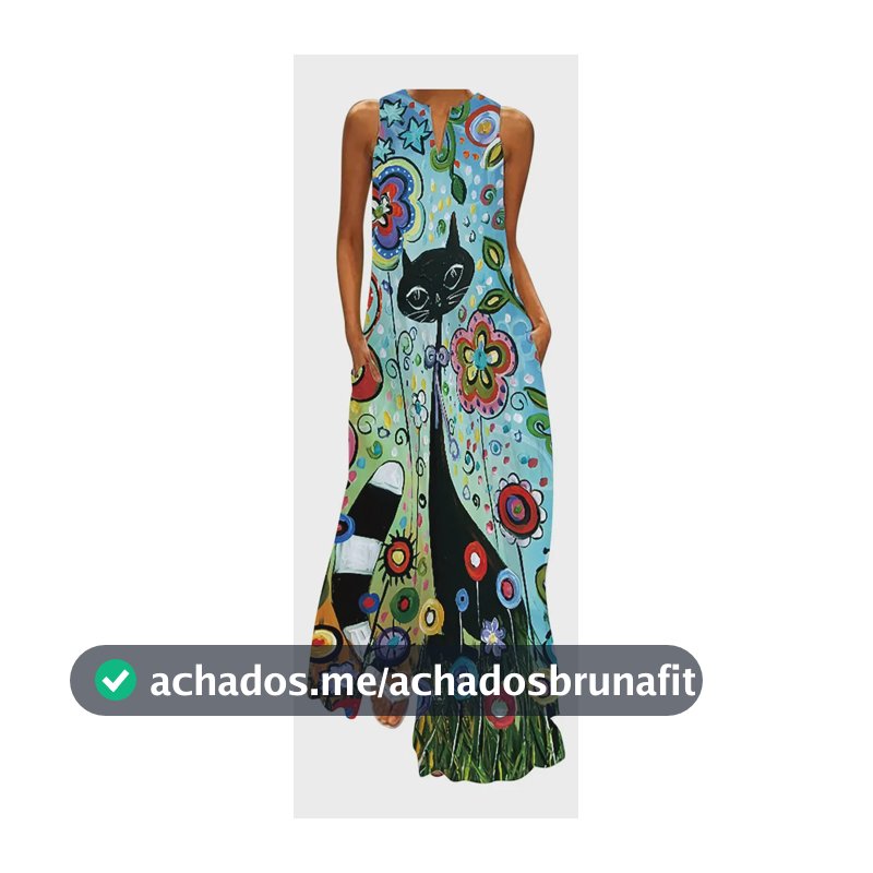 Vestido Longo de Verão para Mulher, Vestido Solto Sem Mangas, Estampa Clássica Divertida, Com Bolso, Vestido Longo Sem Mangas, Azul, Xxl