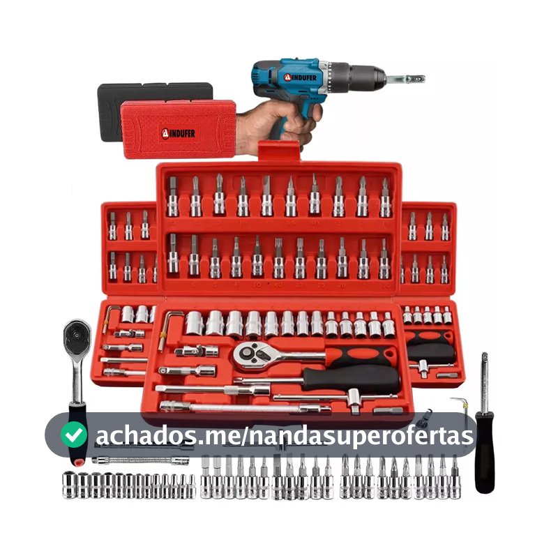 Kit Chave Catraca Soquete 46 Peças Indufer em Cromo Vanádio, para Manutenção