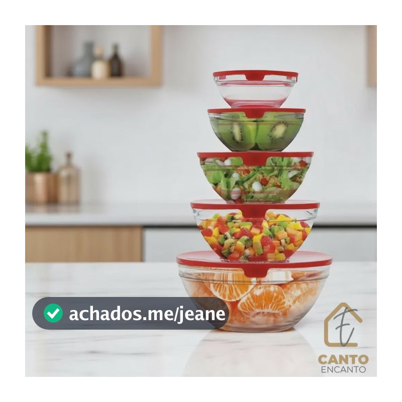 Kit 5 Potes Bowls Tigelas De Vidro Com Tampa Reforçada Colorido