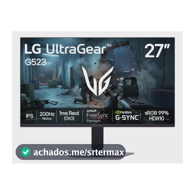 LG UltraGear Monitor Gamer 27" IPS 200Hz, 1ms (GtG), Full HD (1920x1080), HDR10, NVIDIA G-SYNC AMD, FreeSync Premium, sRGB 99%, Preto - 27G523B