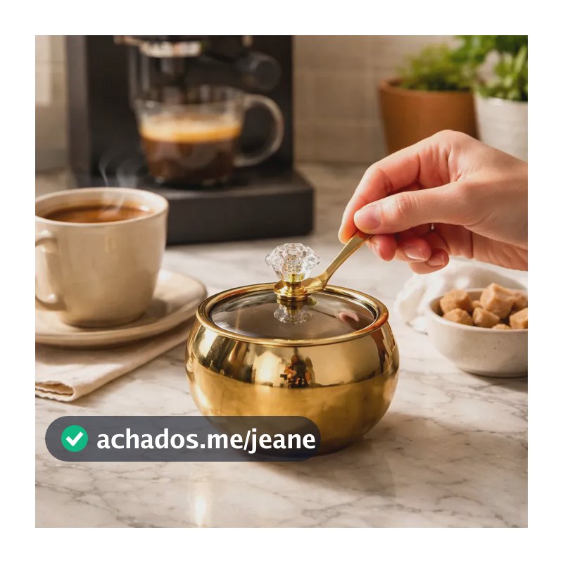 Açucareiro Dourado Inox Com Tampa De Vidro E Colher Pegador Cristal