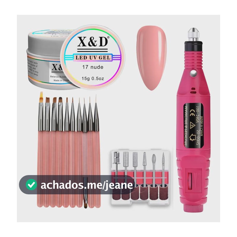 Kit Alongamento Unha Gel + Lixadeira Elétrica + Pincel Rosa