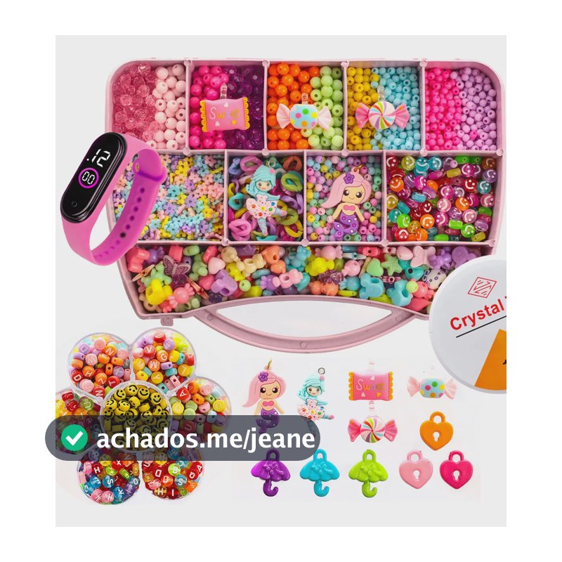 Kit Miçangas Infantil 3500 Pçs para Montar Pulseiras Bolinhas Maleta 19X13 cm 1 relógio digital Anita Bijuterias