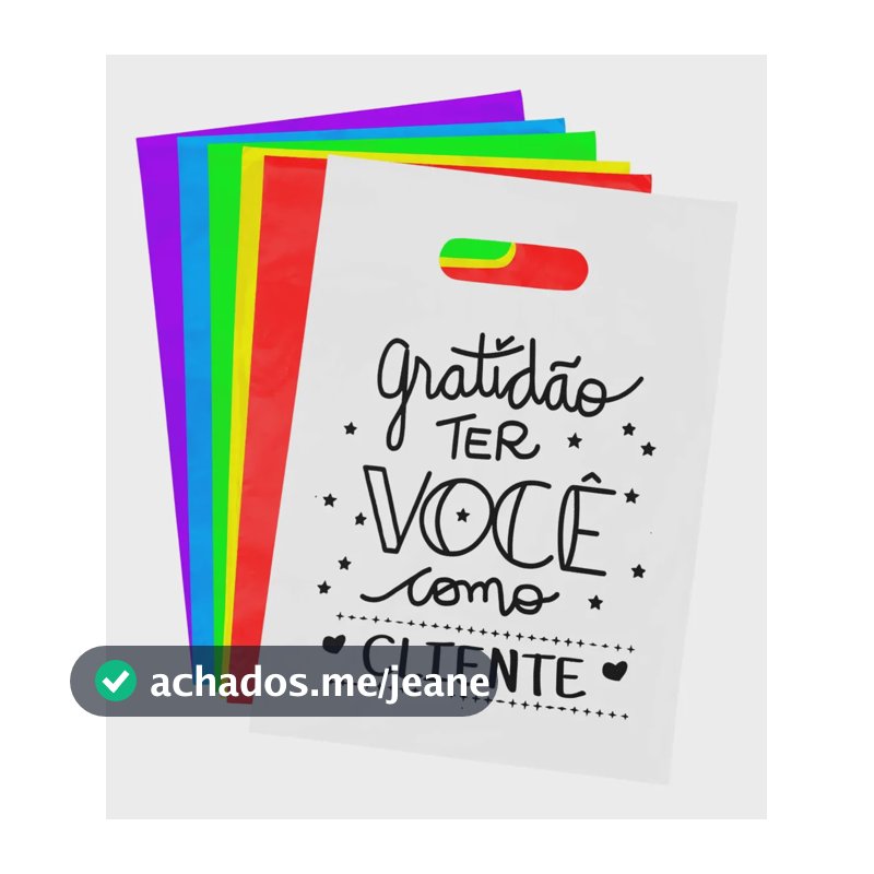 Kit 100 Sacolas Plásticas Personalizadas 16x20 Alça Vazada Branco Gratidão