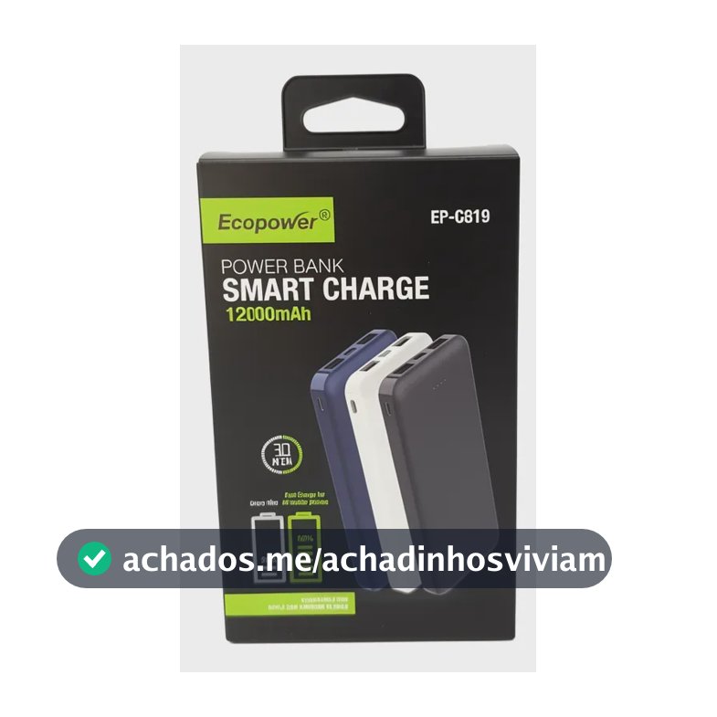 Power Bank 12000 Carga Rápida, Compativel C Todos Celulares Preto