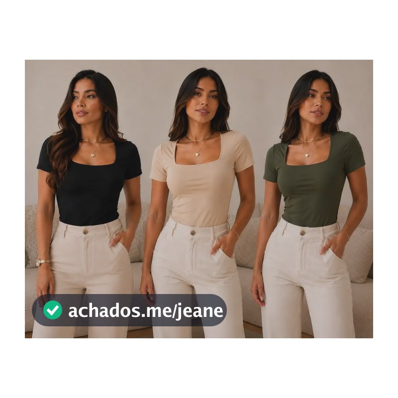 Kit 3 Blusas Gola Quadrada Feminia Moda Manga Curta Preto Bege Verde P