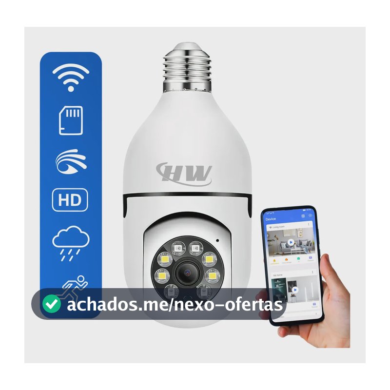 Câmera de Segurança IP Wi-Fi Lâmpada E27 HW 360° Full HD com Visão Noturna e Áudio - HW