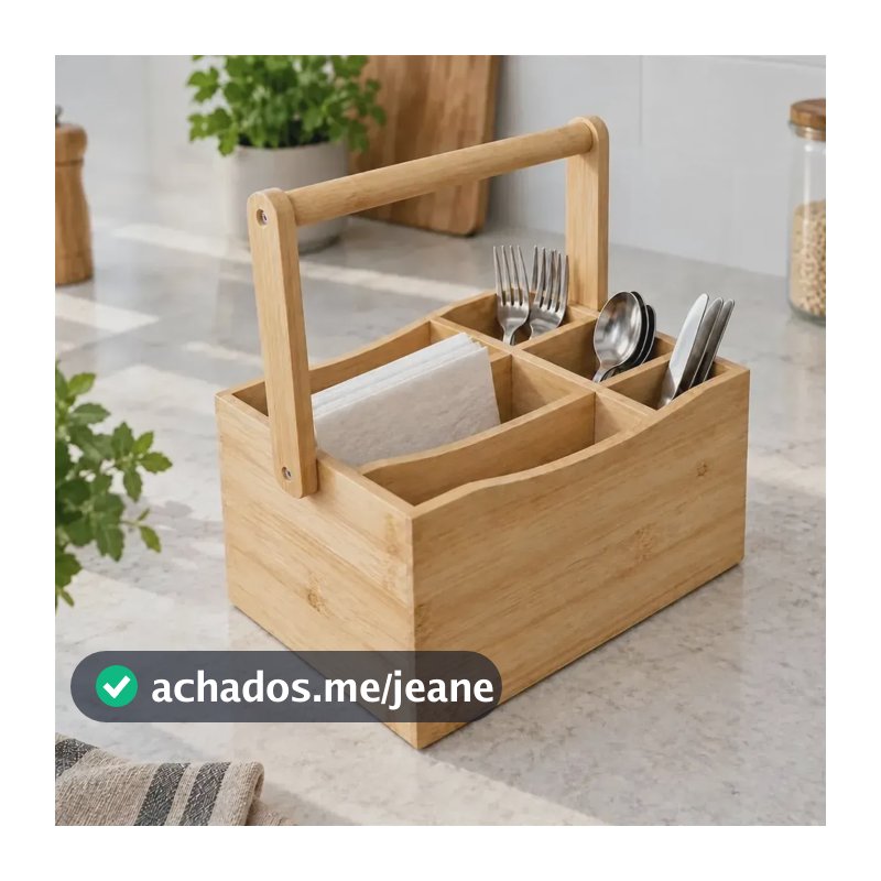 Porta Talheres de Bambu com Alça e 4 Compartimentos Caixa Organizadora Multiuso Retangular para Cozinha Mesa Posta Bancada Utensílios Guardanapos Canetas Lápis e Papelaria de Escritório