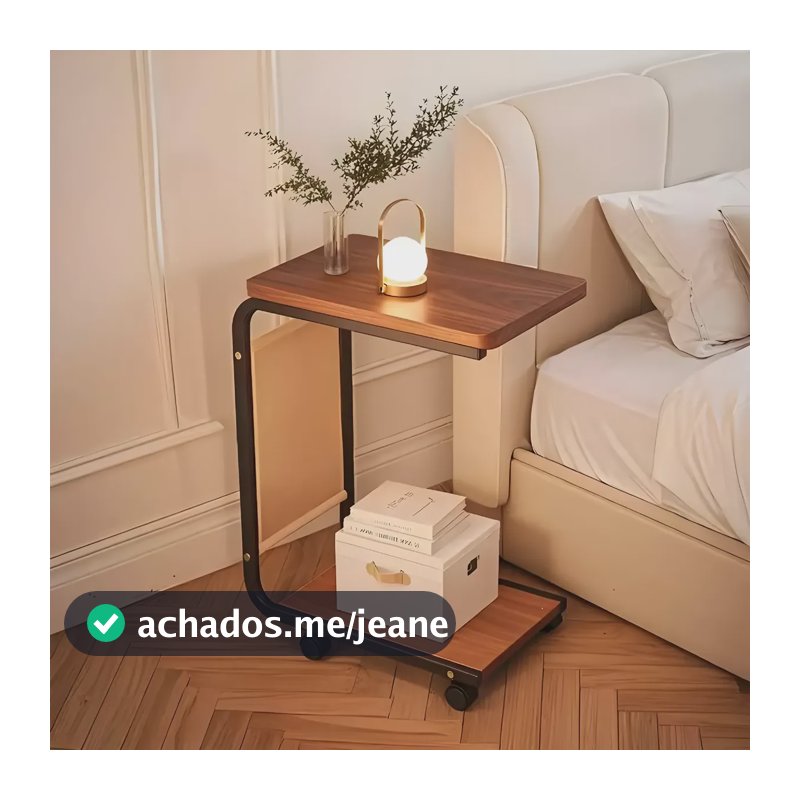 Mesa Lateral Em Formato De C Com Rodas E Bolso Armazenamento Marrom