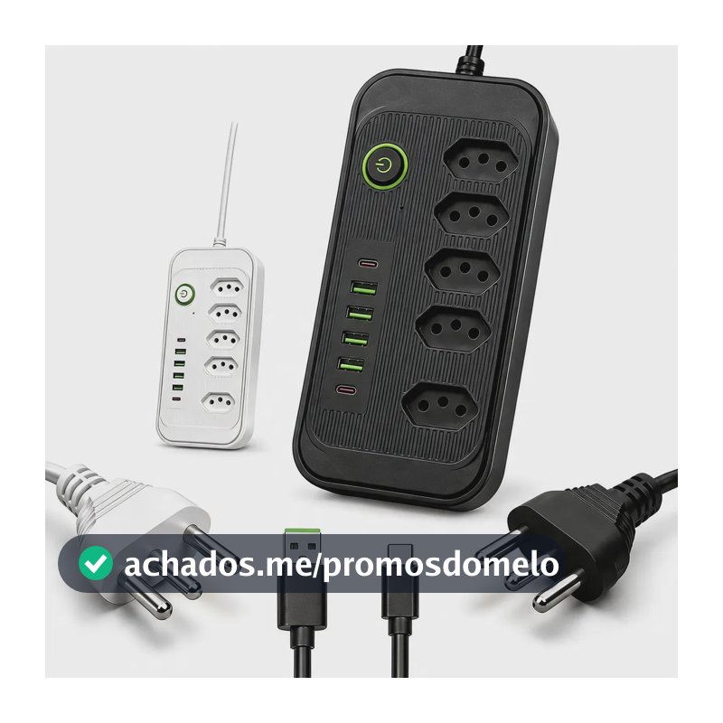 Extensão Elétrica 5 Tomadas 6 Usb 2500w Régua Bivolt Cabo 2m Preto-5tomadas/4usb-a/2usb-c 127/220v