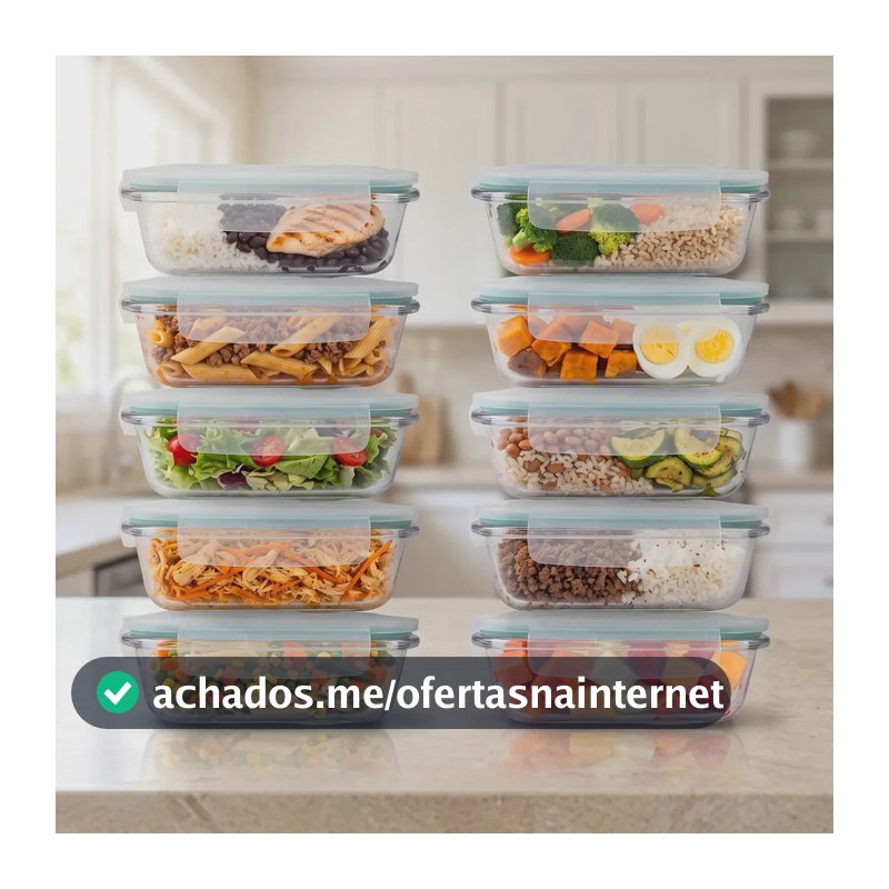 Kit 10 Potes Herméticos Vidro Alto Borossilicato Tampa 4 Travas Marmita Forno Micro-ondas Airfryer Freezer 640ml Zelvi