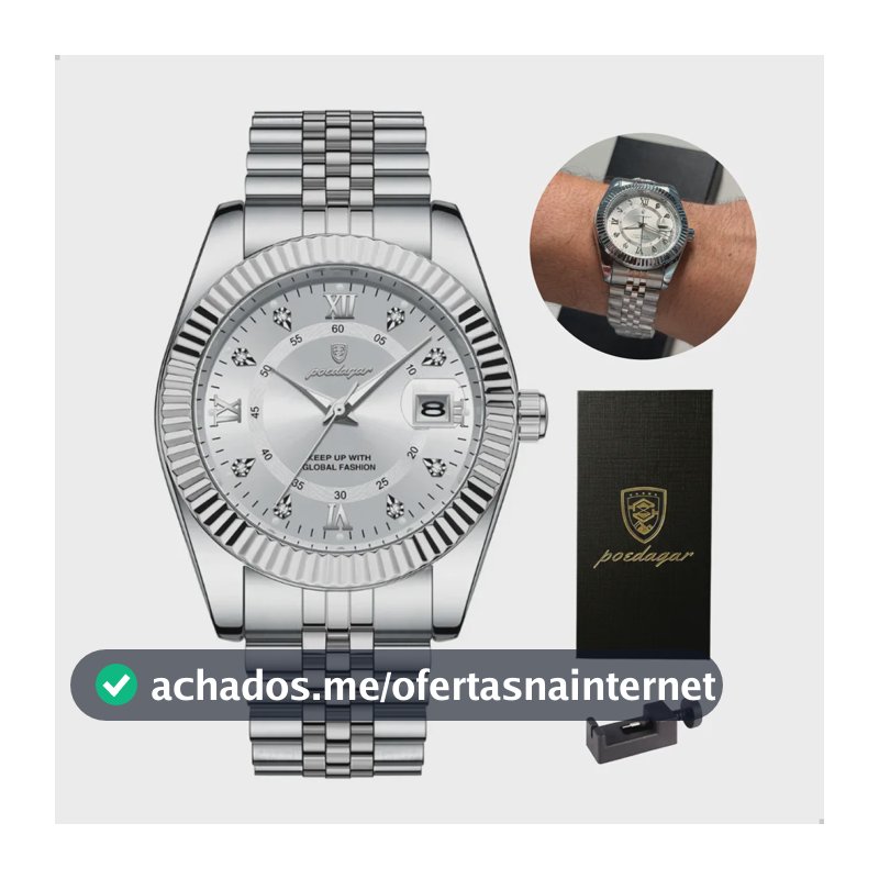 Relógio Poedagar Masculino Social De Luxo Caixa E Ajustador Prateado Branco