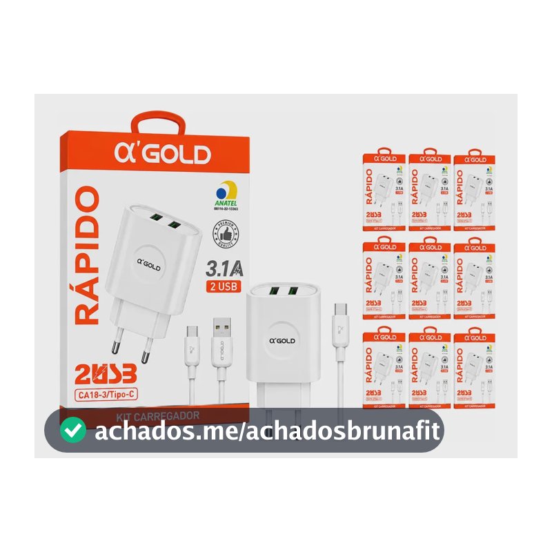 Kit 10 Carregador + Cabo Tipo C 2 Usb Rápido Atacado Revenda Branco