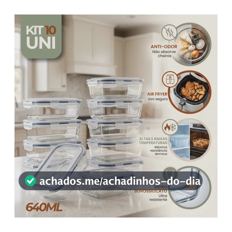 Kit 10 Potes Vidro Hermetico Vai Ao Forno Microondas 640ml Marmita Hermético Freezer Fitness Rishon