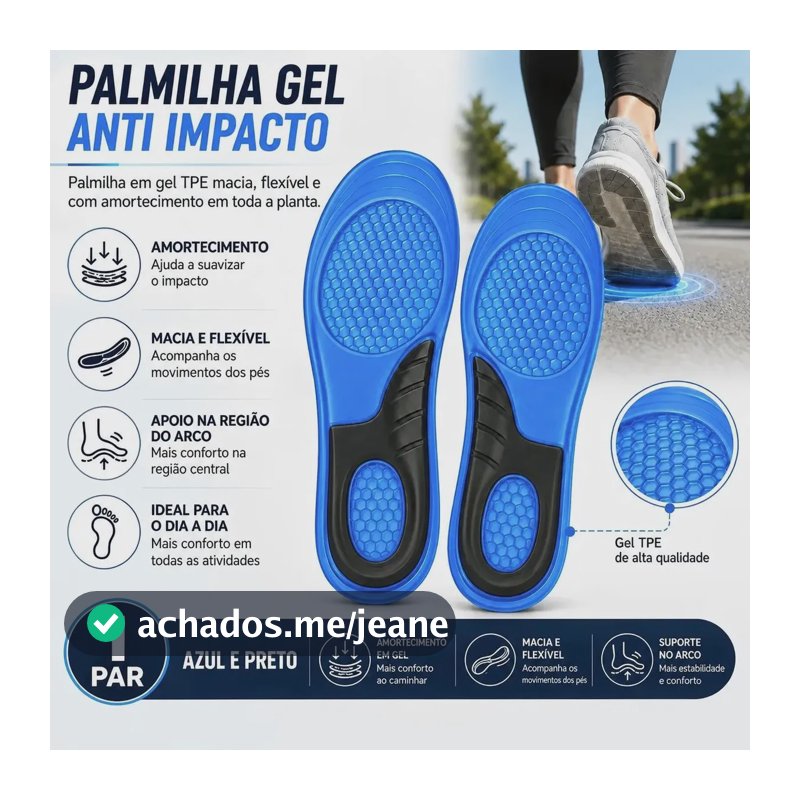 Palmilha Ortopédica Anatômica Gel Anti Impacto Esporte 36a46 Azul E Preta