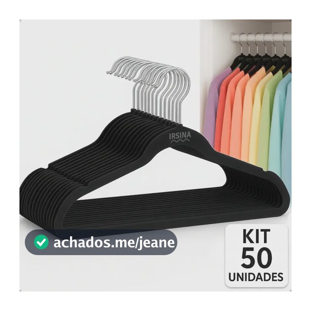 Kit 50 Cabides Veludo Preto Antideslizante Slim IRSINA Aço Inox