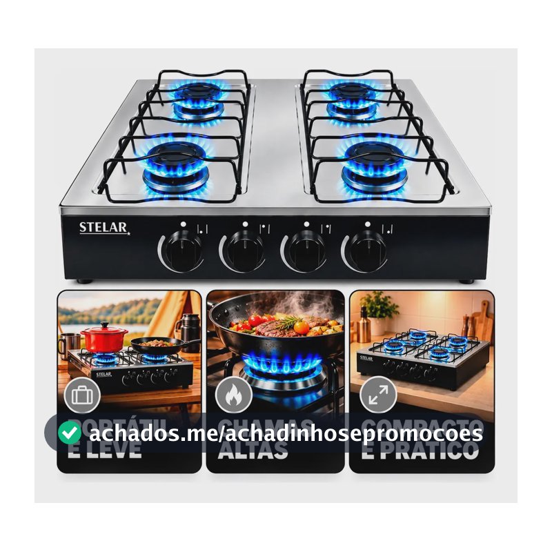 Fogão Cooktop Stelar 4 Q Portátil De Mesa A Gás Inox Mônaco Preto 0