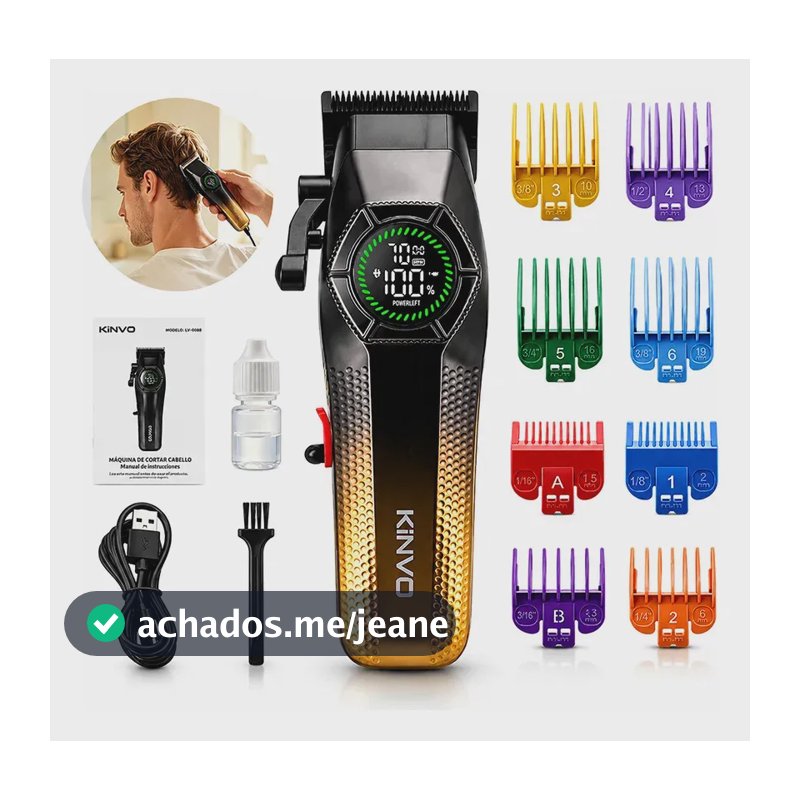 Máquina de Cortar Cabelo Profissional Elétrica KiNVO Recarregável Sem Fio Com Tela Digital