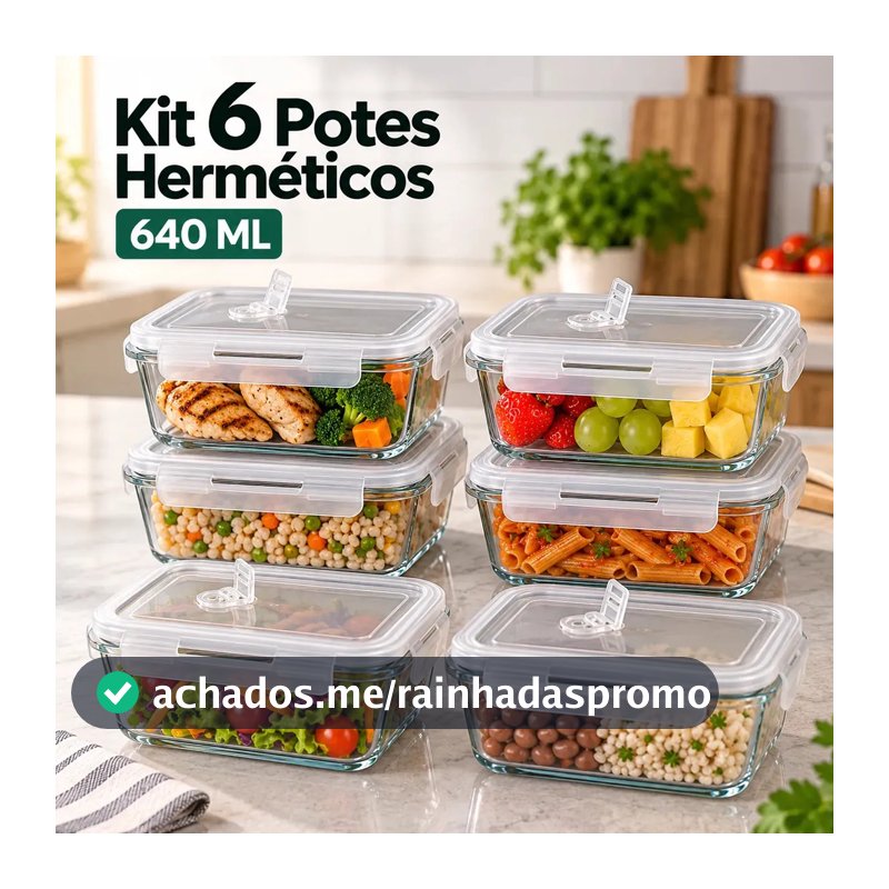 Kit 6 Potes de Vidro Herméticos Borossilicato Com Tampa e Válvula De Respiração 640 ML Para Alimentos Marmita Freezer Microondas Forno Cozinha Organização Livre De BPA Com 4 Travas Super Vedação