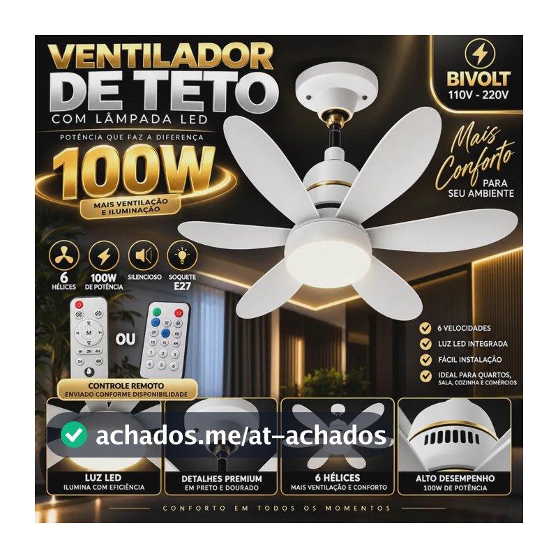 Novo Ventilador Teto 100W 6 Hélices com Controle Ajustável Bivolt E27 Lâmpada Led Silencioso