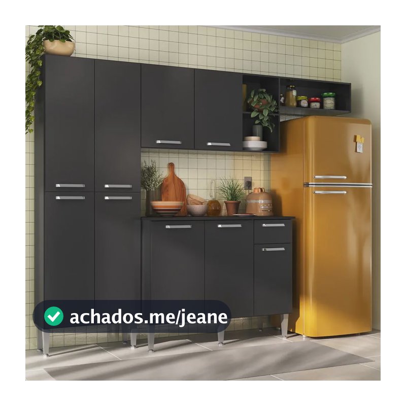 Cozinha Modulada Completa Compacta Pequim 9 Portas com Armário e Balcão Mp2933 Multimóveis Cor Preto Acetinado Texturizado