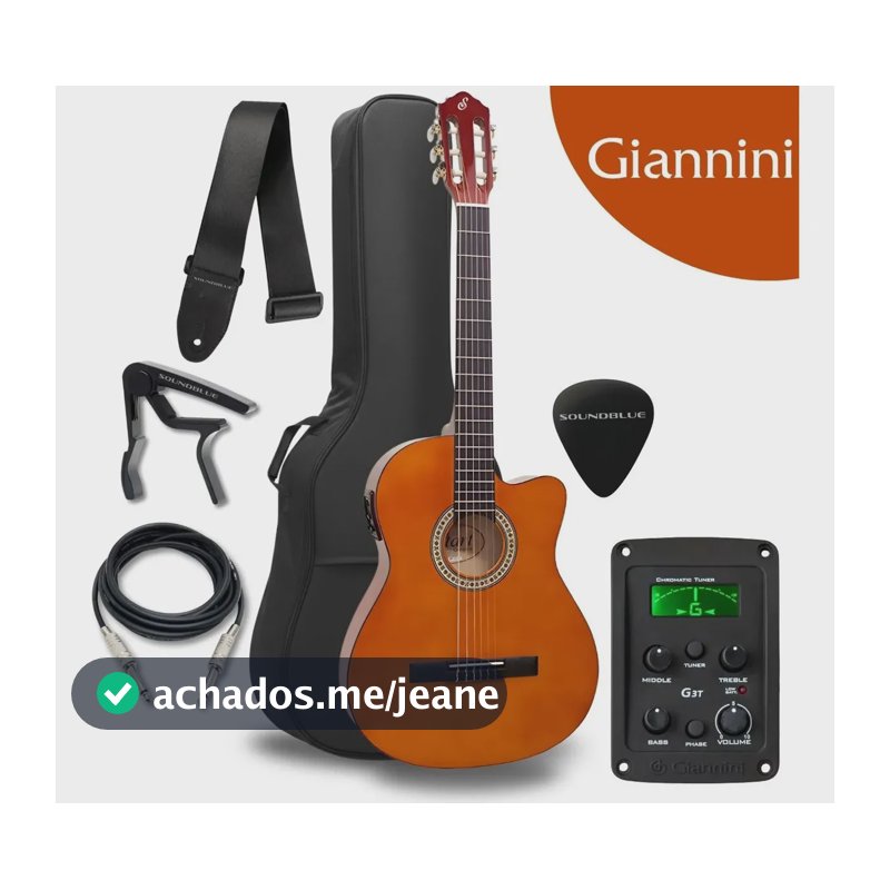 Kit Violao Giannini Eletroacustico Cordas Nylon Destro Flat Cutaway Nailon Profissional Eletrico Acustico Estudo Iniciante Natural Acessorios Completo Afinador Equalizador Correia Capa Cabo Soundblue