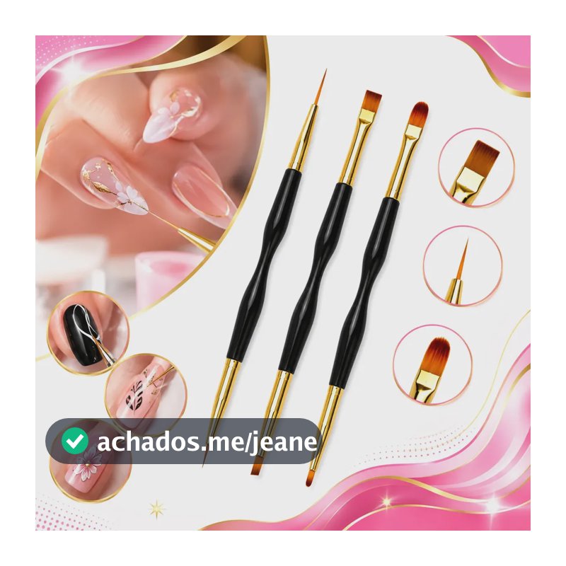 Kit 3 Pincéis 2 Pontas Unhas Gel Acrigel Decoração Nail Art Manicure Acabamento Profissional Ponta Dupla Boa Dica
