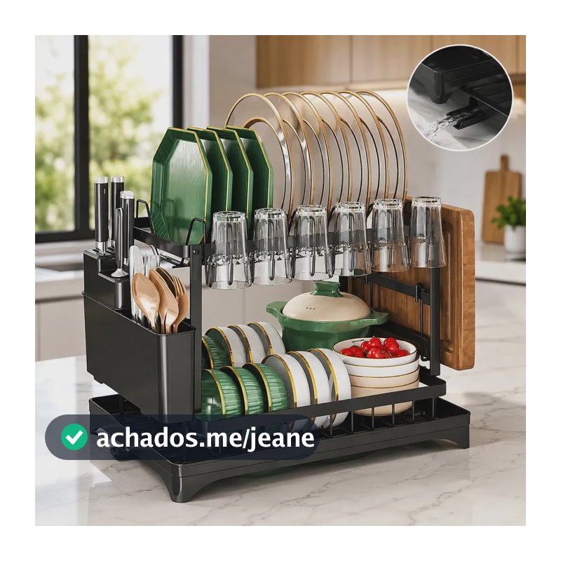 Escorredor De Louça Revestimento Inoxidável Com Porta Pratos Talheres Copos Com 360° Automática Drenagem 2 Andares Hiper Casa Megastore