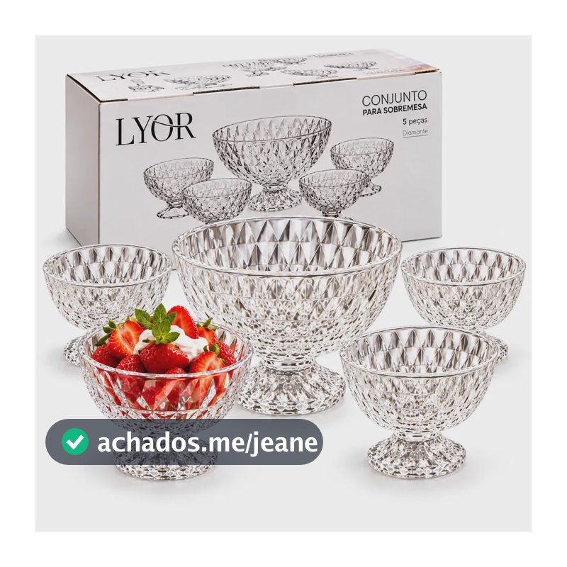 Conjunto Sobremesa Lyor 5 Peças Vidro Cristal Bowl Taças Jogo Mesa Posta Doces Frutas Mousse Pavê Gelatina Petiscos Elegante Transparente Servir Família Cozinha Decoração Presente Premium Requintado