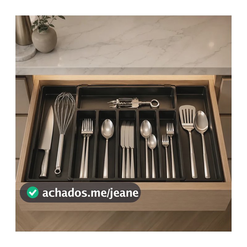Porta Talheres Gaveta Extensível 8 Divisórias Preto Baú Preto