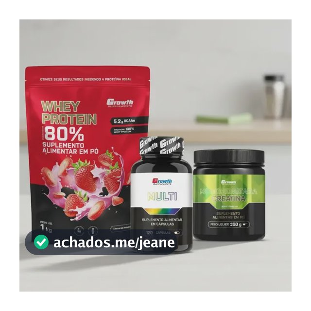 Kit Growth: Whey Protein Morango 1kg + Multivitamínico 120 Cáps + Creatina Monohidratada 250g