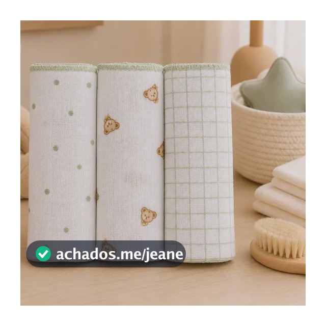 Pano De Boca Fralda Bebê Babete 34x40cm Kit 3un 100% Algodão Verde Urso