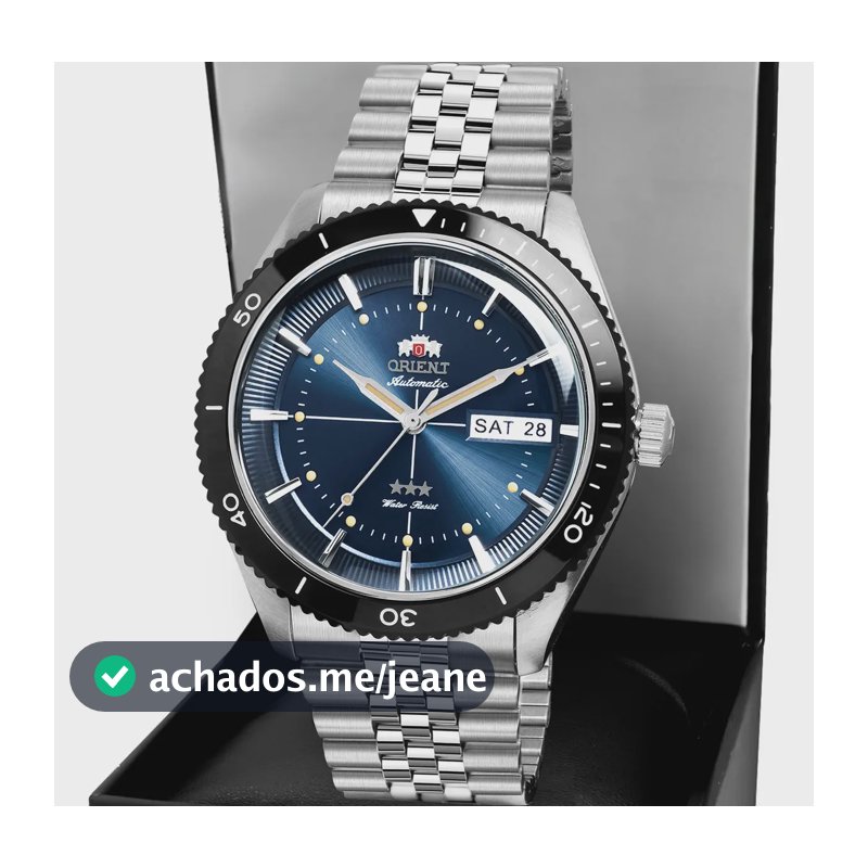 Relógio Orient Automático Masculino 3 Estrelas Caixa Prateada Fundo Azul