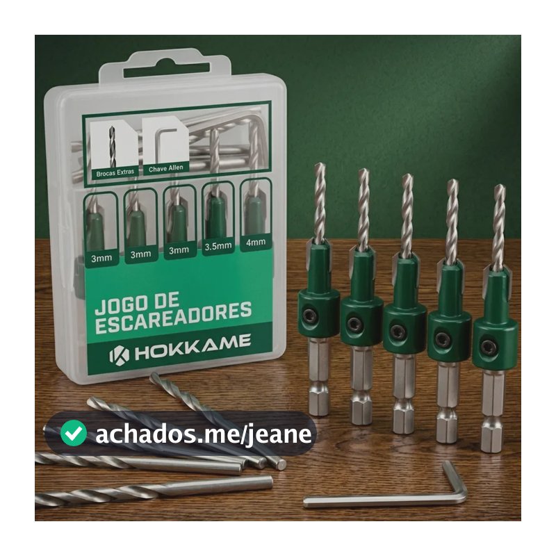 Kit 5 Brocas Escareadoras Hokkame para Madeira e MDF com Haste Hexagonal de 8mm