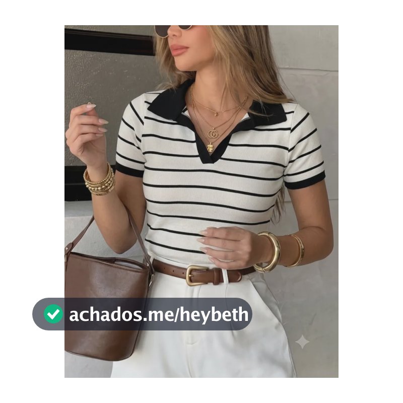 Blusa Feminina Manga Curta Polo Listrada Moda Verão Elegante Off/preto Listras Único