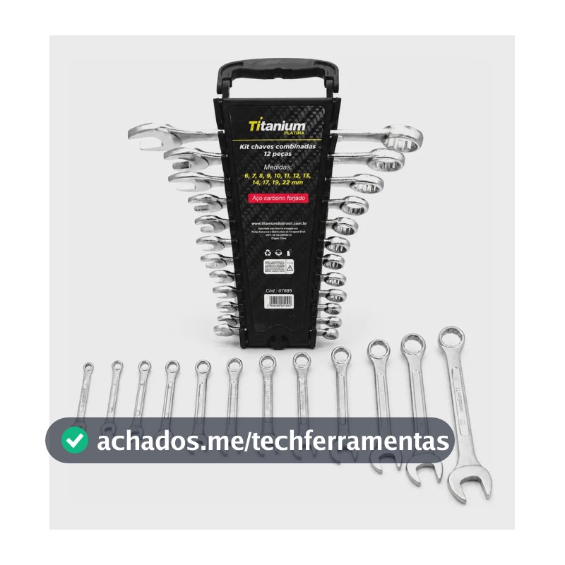 Jogo de Chaves Combinadas 6 a 22mm com 12 Peças em Aço Carbono Titanium Platina