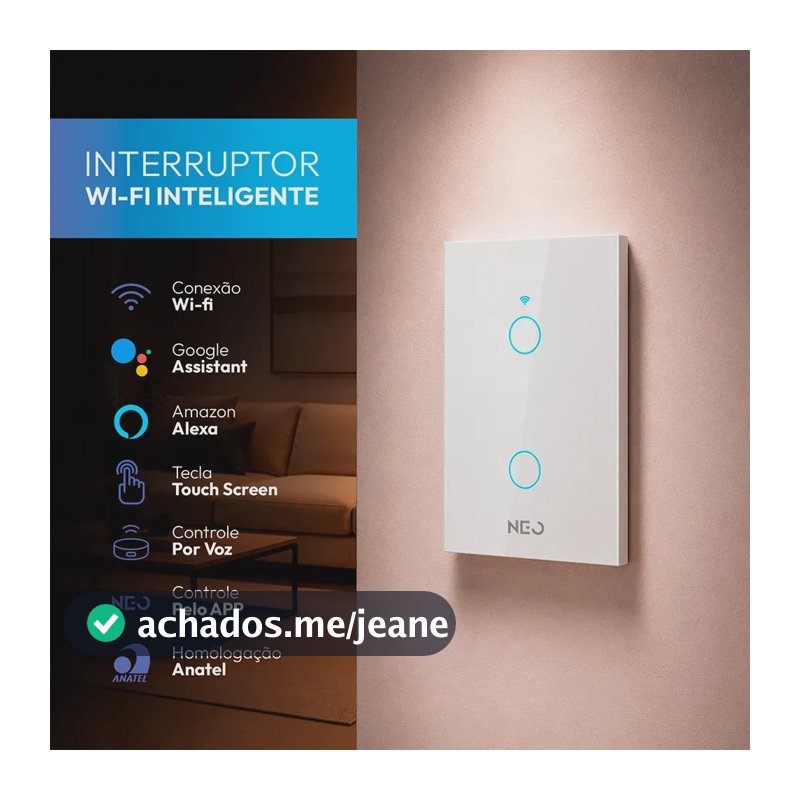Interruptor Inteligente Smart Wi-fi 2.4 GHz Alexa google 2 Botões 4x2 Bivolt Branco Cod: 291990374 Neo Avant
