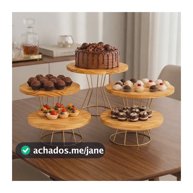Kit Boleira Suporte Mesa 5 Peças Ferro E Madeira Dourado Festa Bolos