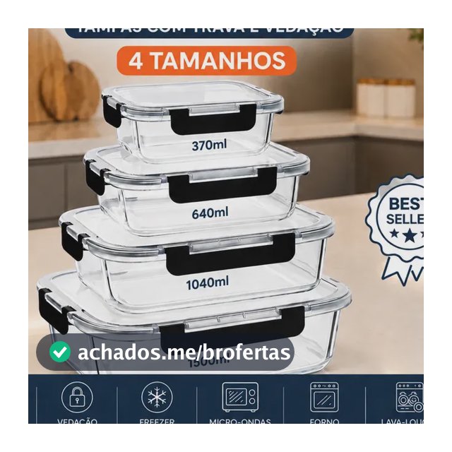 Kit 4 Potes De Vidro Hermético Marmita Vários Tamanhos