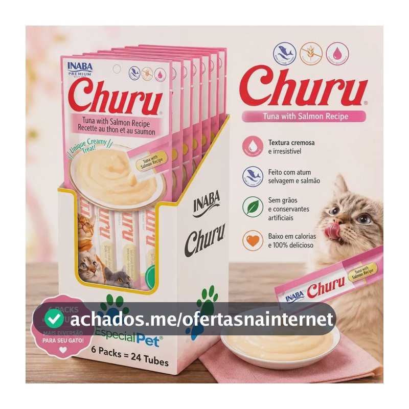 Churu para Gatos: Petisco Úmido de Atum e Salmão em Kit c/ 6 Pacotes (24 Sachês) - Especial Pet