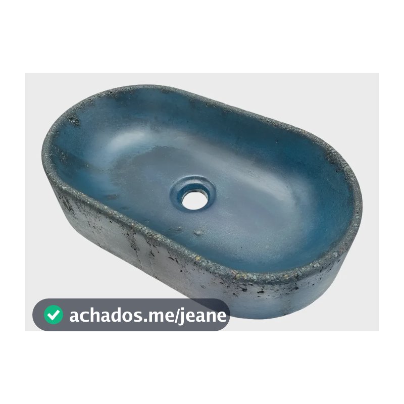 Cuba De Concreto Rústica Apoio 40x23 Oval De Sobrepor Lavabo Azul Escovado