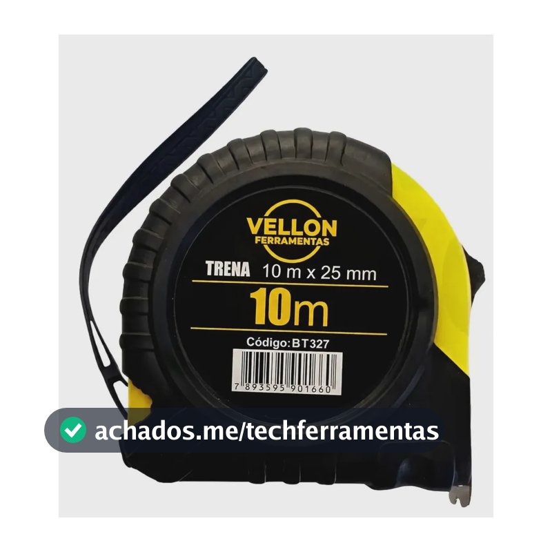 Trena Profissional 10 Metros 25mm Emborrachada Com Trava Manual Reforçada Fita Métrica 10M Retrátil Medição Fita De Aço Vellon Cor Amarelo