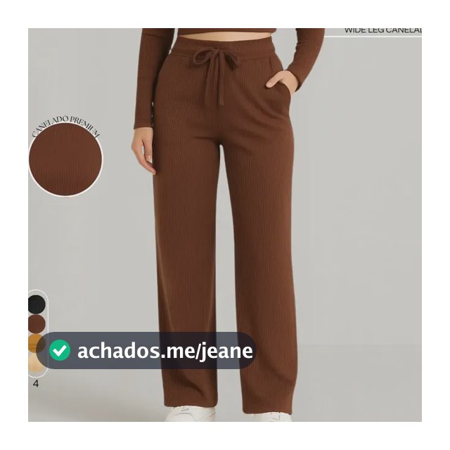 Calça Pantalona Wide Leg Feminino Cintura Alta Canelado