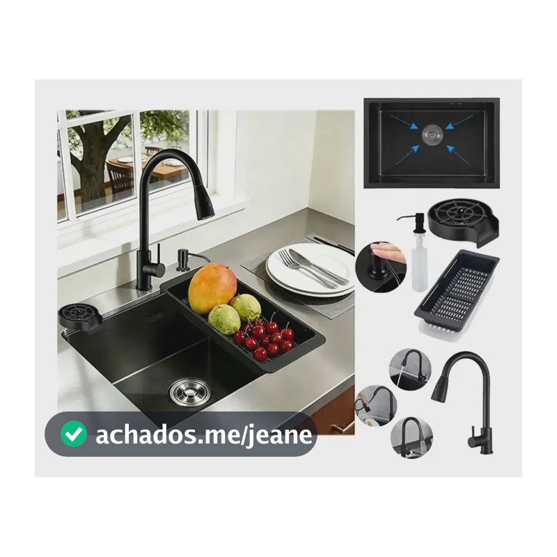 Cuba De Cozinha Gourmet Aço Inox 304 50x40cm Com Acessórios Preto Cuba De Embutir 50x40cm Preto+torneira Preta Extensível+escorredor...