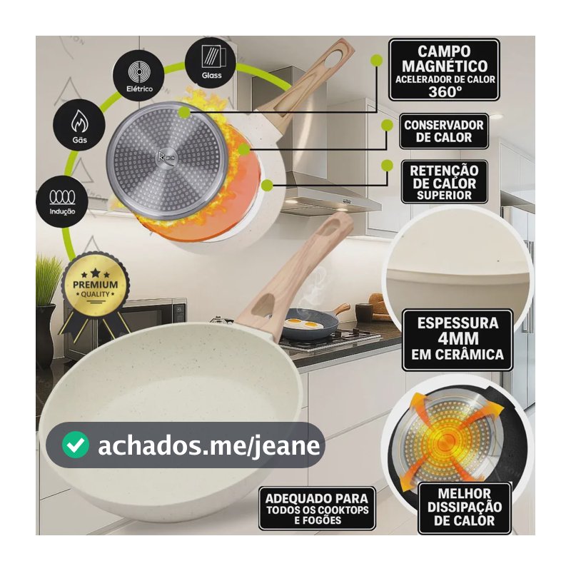 Frigideira Cerâmica 24cm Antiaderente Grande Fogão A Gás Indução Cooktop Elétrico Panela Frita Sem Óleo Não Gruda Rishon Creme Granito