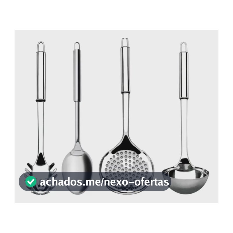 Kit 4 Utensílios Inox Cozinha Colher Concha Escumadeira Prateado