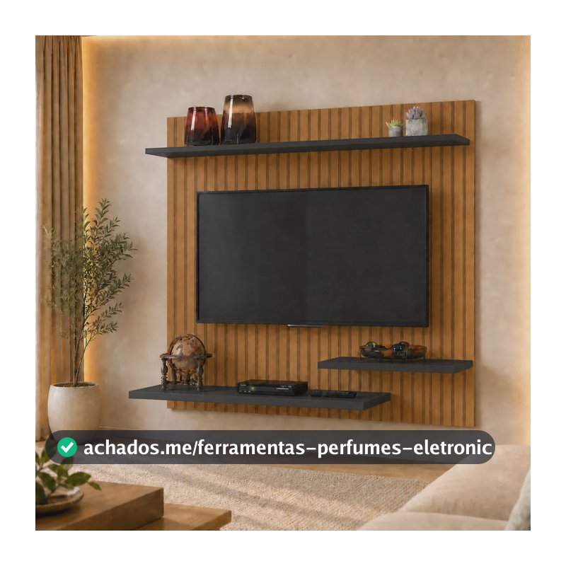 Painel Suspenso De Tv 32 Polegadas Moderno 90x90cm Para Sala Ripado Preto